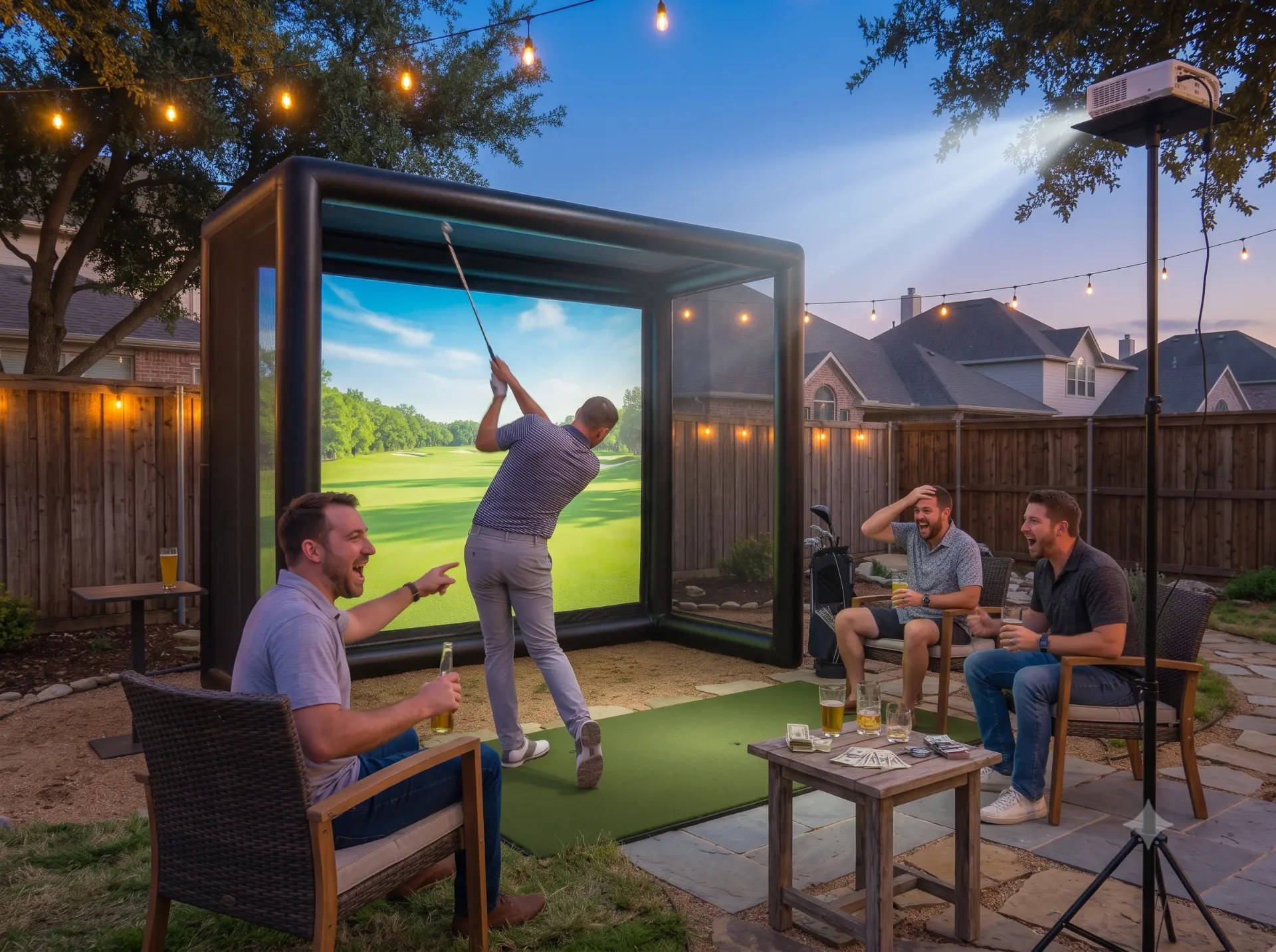 Friends playing golf simulator in backyard at dusk