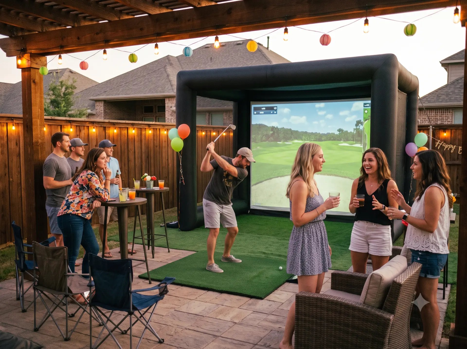 Birthday party group playing backyard golf simulator